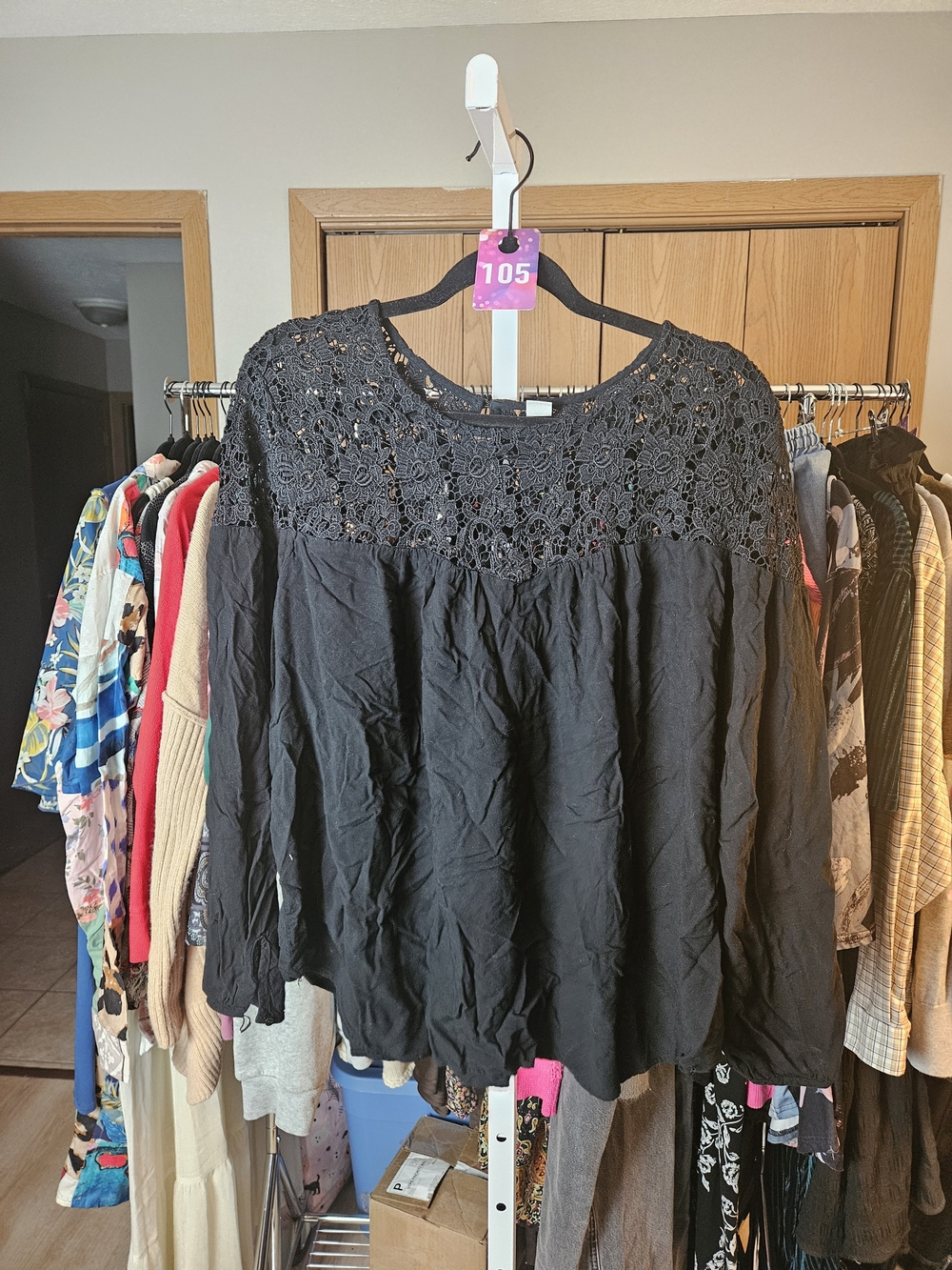 Black Crochet Yoke Long-Sleeve Women's Top